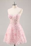 Pink Corset A Line Strapless Short Prom Dress with Appliques