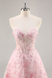 Pink Corset A Line Strapless Short Prom Dress with Appliques