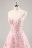 Pink Corset A Line Strapless Short Prom Dress with Appliques