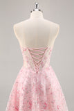 Pink Corset A Line Strapless Short Prom Dress with Appliques