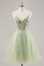 Green Applique Corset A Line Short Prom Dress