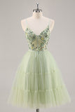 Green A Line Appliqued Corset Cocktail Dress