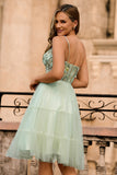 Green A Line Appliqued Corset Cocktail Dress