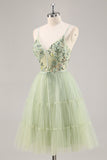 Green Applique Corset A Line Short Prom Dress