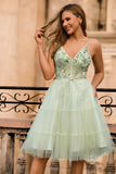 Green A Line Appliqued Corset Cocktail Dress