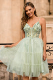 Green A Line Appliqued Corset Cocktail Dress