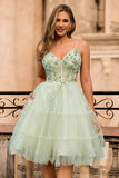 Green A Line Appliqued Corset Cocktail Dress