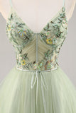 Green Applique Corset A Line Short Prom Dress
