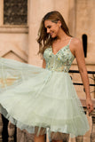 Green A Line Appliqued Corset Cocktail Dress