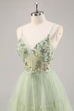 Green Applique Corset A Line Short Prom Dress