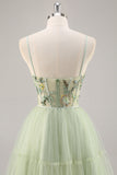 Green Applique Corset A Line Short Prom Dress