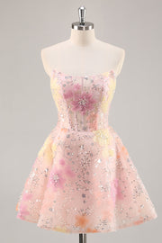 Floral Corset Sequin Strapless Pink Short Prom Dress