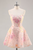 Floral Corset Sequin Strapless Pink Short Prom Dress