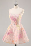 Floral Corset Sequin Strapless Pink Short Prom Dress