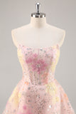 Floral Corset Sequin Strapless Pink Short Prom Dress