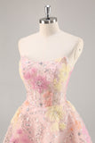 Floral Corset Sequin Strapless Pink Short Prom Dress
