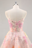 Floral Corset Sequin Strapless Pink Short Prom Dress