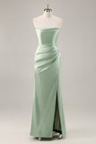 Sage Green Satin Strapless Long Bridesmaid Dress with Slit