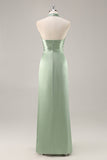 Blush High Neck Satin Ruched Long Bridesmaid Dress with Slit