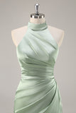 Blush High Neck Satin Ruched Long Bridesmaid Dress with Slit