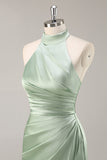 Blush High Neck Satin Ruched Long Bridesmaid Dress with Slit