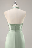 Blush High Neck Satin Ruched Long Bridesmaid Dress with Slit