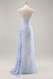 Blue Floral Mermaid Corset Long Bridesmaid Dress with Slit