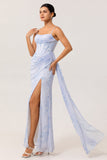 Blue Floral Spaghetti Straps Corset Fitted Long Bridesmaid Dress with Slit