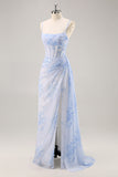 Blue Floral Mermaid Corset Long Bridesmaid Dress with Slit