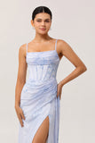 Blue Floral Spaghetti Straps Corset Fitted Long Bridesmaid Dress with Slit