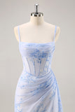 Blue Floral Mermaid Corset Long Bridesmaid Dress with Slit