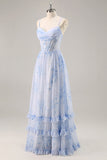 Blue Floral Corset Chiffon Long Bridesmaid Dress with Slit