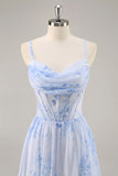 Blue Floral Corset Chiffon Long Bridesmaid Dress with Slit