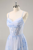 Blue Floral Corset Chiffon Long Bridesmaid Dress with Slit