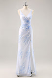 Blue Floral Ruched Chiffon Long Bridesmaid Dress with Slit