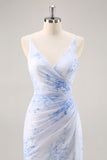 Blue Floral Ruched Chiffon Long Bridesmaid Dress with Slit