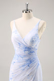 Blue Floral Ruched Chiffon Long Bridesmaid Dress with Slit