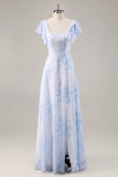 Blue Chiffon Floral Scoop Neck Long Bridesmaid Dress with Ruffles