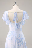 Blue Chiffon Floral Scoop Neck Long Bridesmaid Dress with Ruffles
