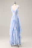 Blue Chiffon Floral A Line Long Bridesmaid Dress with Ruffles