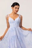 Blue Floral A Line Chiffon Long Bridesmaid Dress with Ruffles