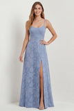 Dusty Blue Lace Spaghetti Straps A Line Long Bridesmaid Dress with Slit