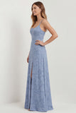 Dusty Blue Lace Spaghetti Straps A Line Long Bridesmaid Dress with Slit