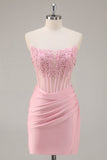 Pink Strapless Corset Beaded Short Tight Cocktail Dress