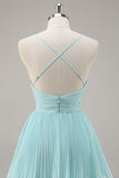 Green Chiffon A-Line V-Neck Tiered Long Pleated Prom Dress