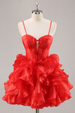 Red A Line Corset Keyhole Ruffled Short Prom Dress With Bows