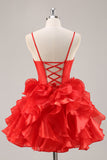 Red A Line Corset Keyhole Ruffled Short Prom Dress With Bows