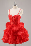 Red A Line Corset Keyhole Ruffled Short Prom Dress With Bows