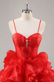 Red A Line Corset Keyhole Ruffled Short Prom Dress With Bows