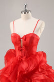 Red A Line Corset Keyhole Ruffled Short Prom Dress With Bows